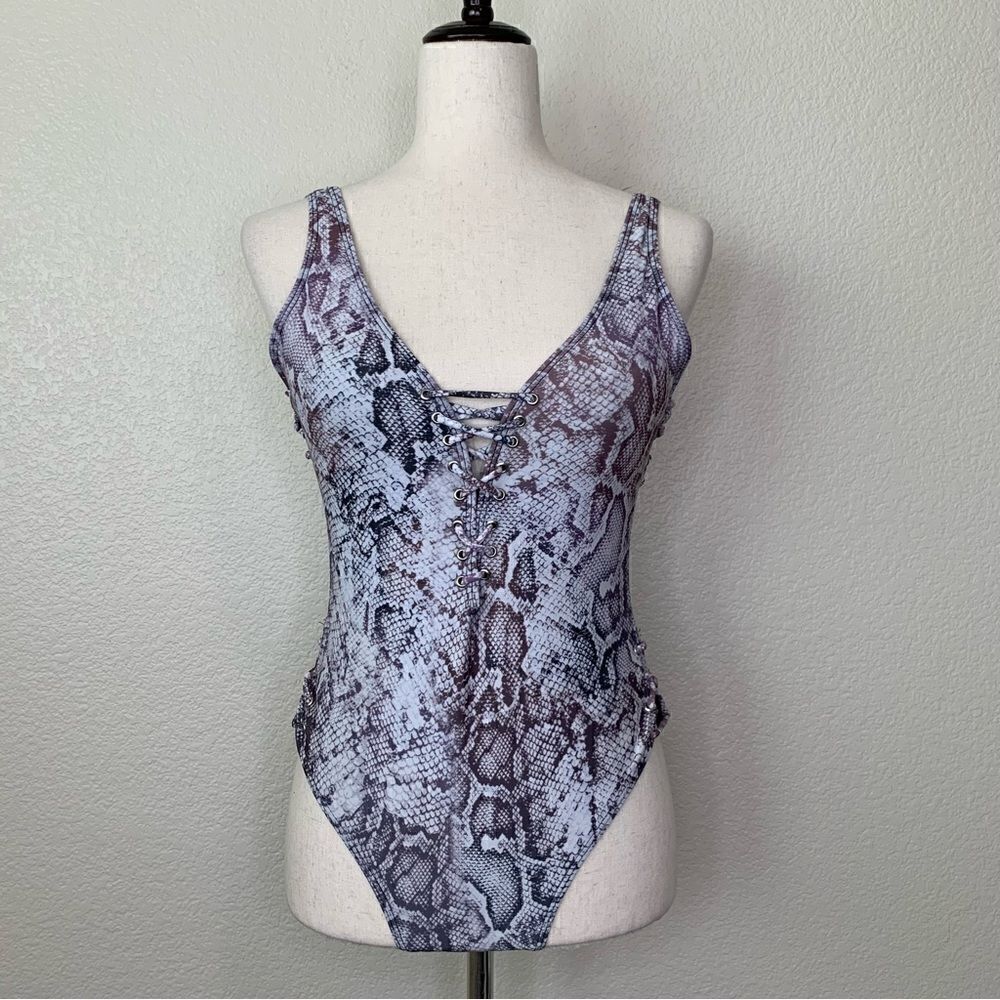 TiniBikini Snakeskin Deep V-neck Lace Up Onepiece Swimsuit